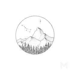 a black and white drawing of mountains in a circle