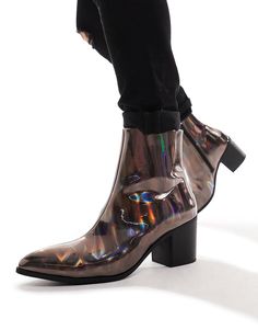 ASOS DESIGN heeled chelsea boots in iridescent faux leather | ASOS Modern Metallic Boots With Pointed Toe, Leather Trend, Heeled Chelsea Boots, Chelsea Boots, Chelsea, Asos, Free Delivery, Faux Leather, Boots