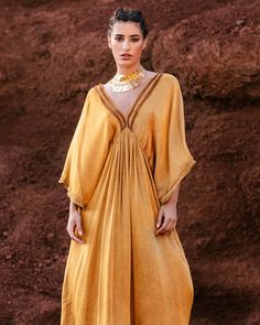 Dress Volra Mes Demoiselles color Ocre Morocco Fashion, Color Ocre, Greece Fashion, Moroccan Clothing, Desert Fashion, Model Fits, Winter 2023, Satin Dress, V Neckline