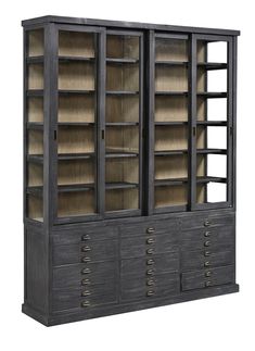 an open bookcase with drawers and shelves on each side, in dark grey finish