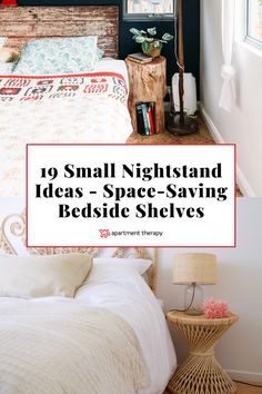 small bedroom with white bedding and wooden headboard in the corner, text overlay reads 10 small nightstand ideas - space saving bedside shelves