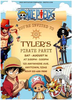 an image of a pirate birthday party with cartoon characters on the front and back of it