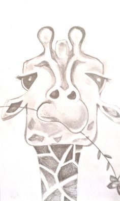 a pencil drawing of a giraffe's face with leaves on its neck