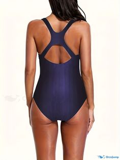 Orcajump - Blue Color Block Actionback One-piece Swimsuit, Stretchy Comfy Water Sports Beachwear Women's Swimwear & Clothing Navy One-piece Bodysuit For Pool, Navy One-piece Bodysuit For Swimming, Blue One-piece Swimwear For Workout, Racerback Bodysuit For Beach, Navy Stretch Bodysuit For Swimming, Beachwear For Women, Swimwear Outfit, Water Sports, Dance Wear