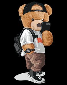 a brown teddy bear wearing a baseball cap and holding a cell phone in his hand