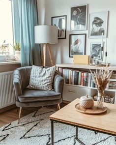 a living room filled with furniture and pictures on the wall