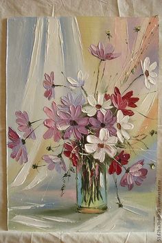 a painting of pink and white flowers in a glass vase on a cloth covered table