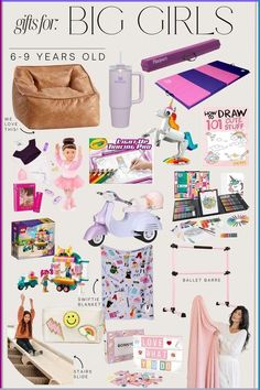 a collage of girls's birthday gifts including toys, books and other items