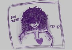 a drawing of a woman with curly hair and an i love you sign on her chest