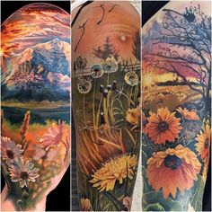 three different tattoos with flowers and mountains in the background, one is done by an artist