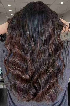 Black and Dark Chocolate Brown Balayage with Long Beach Waves Dark Brown Balayage, Bold Hair Color