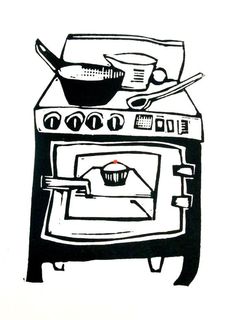 a black and white drawing of an oven with a pan on top of the stove