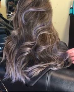 Light Purple Hair Highlights Brunettes, Light Lavender Highlights, Ash Brown With Purple Highlights, Light Brown Purple Balayage, Purple Grey Highlights Brown Hair, Ash Purple Hair Highlights, Silver In Brown Hair, Dusty Purple Highlights, Ash Brown Purple Balayage