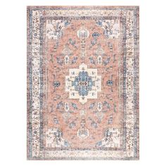 an orange, blue and white rug with floral designs on the bottom in different colors