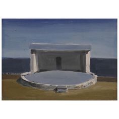 an oil painting of a white building by the ocean with blue sky and water in the background