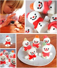 a collage of snowmen made out of marshmallows and other items