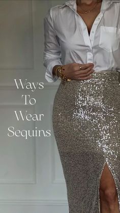 Sequin Shirt Outfit Party, Sequin Skirt And Western Boots, Sequin Skirt And Shirt, Outfits With Sparkly Skirts, Classy Sequin Outfit, Sequin Skirt White Shirt, Tshirt With Sequin Skirt, Green Sequin Skirt Outfit Ideas, Midi Sequin Skirt