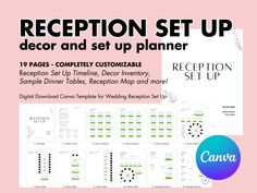 the reception set up is displayed on a pink background with black and white text that reads reception