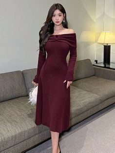 Solid Color Off-Shoulder Bow Knot Midi Sweater Dress For Women Burgundy Elegant  Long Sleeve Knitwear Plain  Medium Stretch Spring/Fall Women Clothing, size features are:Bust: ,Length: ,Sleeve Length: Midi Sweater Dress, Bow Knot, Sweater Dress Women, Long Knit, Sweater Dress Midi, Women's Shapewear, Cosplay Dress, Long Sleeve Knit Tops, Dress For Women