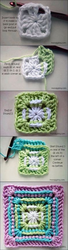 four crocheted items are shown in different colors and sizes, with instructions to make them