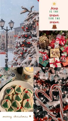 a collage of photos with christmas trees, presents and candy canes on them