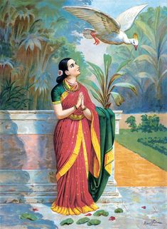 a painting of a woman in a red sari with a bird flying above her