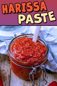 A jar of harissa paste with a text title overlay. Roasted Red Peppers Recipes, Harissa Recipe, Red Pepper Recipes, Vegan Slow Cooker Recipes, Vegan Slow Cooker