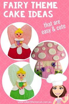 Collage of three Fairy themed cakes on a pink background - a pink fairy cake, a pink toadstool cake and a green (dress) fairy cake. Text reads Fairy Theme Cakes Ideas that are cute and easy. Diy Fairy Cake, Fairy Cake Ideas, Toadstool Diy, Fairy Themed Cake, Enchanted Garden Theme, Themed Cake Ideas, Enchanted Garden Party, Fairy Party Decorations, Fairy Garden Cake