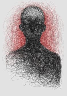 an abstract drawing of a man's head with red and black lines in the background