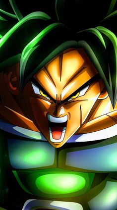 an animated image of gohan with his mouth open and glowing green eyes, in front of a black background