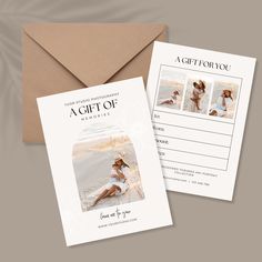 a gift card and envelope with an image of a woman on the beach