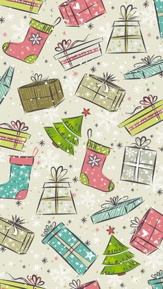 an image of christmas presents and gifts on a white background with snowflakes