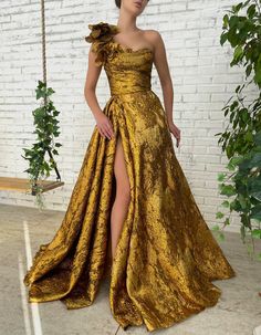 Foliage Crown Gown | Teuta Matoshi Luxury Gold Gown For Banquet, Gold Ball Gown For Gala, Gold Full-length Gown For Formal Occasions, Brocade Fabric Dresses, Gold Gowns Elegant, Draping Project, Bodice Draping, Teuta Matoshi, Draped Bodice