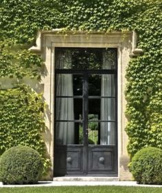 an open door in front of a lush green wall