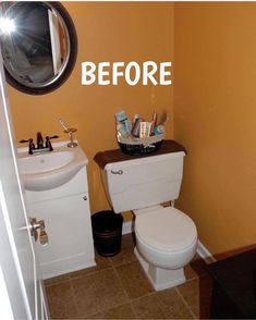 a white toilet sitting next to a sink in a bathroom under a mirror with the words before written on it