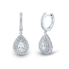 14K white gold double halo drop earrings with 2 pear shaped lab grown diamonds weighing approximately 5/8 ct. tw. and 80 round brilliant cut lab grown diamonds weighing approximately 7/8 ct. tw. Halo Diamond Earrings, Wedding Studs, Diamond Earrings Design, Helzberg Diamonds, Traditional Diamond, Double Halo, Tiny Diamond, Diamond Drops, Diamond Drop Earrings