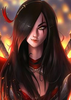 a woman with long black hair and red eyes is looking at the camera while wearing armor