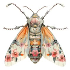 a drawing of a bug with lots of flowers on it's back legs and wings