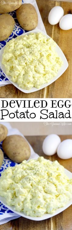 deviled egg potato salad on a white plate with blue and white napkin next to it