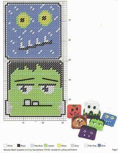 a cross stitch pattern with an image of a green monster and four other small cubes