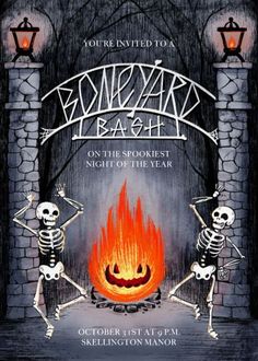 a halloween party flyer with skeletons dancing in front of an open fire pit and lanterns