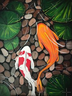 a painting of two koi fish swimming in water surrounded by rocks and leaves with the words nazzana vo on it