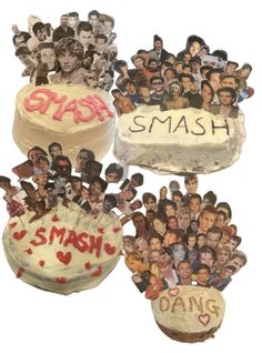 three cakes with pictures of people on them and the words smash spelled in large letters