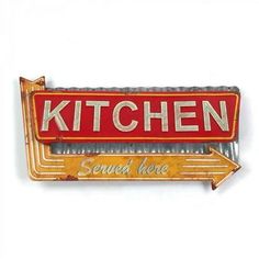 a red and yellow kitchen sign with an arrow pointing to the word, served here