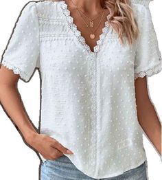 White V-neck Lace Top, White Lace V-neck Top, Cotton Lace Top With V-neck, Cheap White V-neck Lace Top, White Delicate Lace V-neck Top, Feminine White V-neck Lace Top, Feminine V-neck Blouse With Lace Patchwork, White Bohemian V-neck T-shirt, White Prints