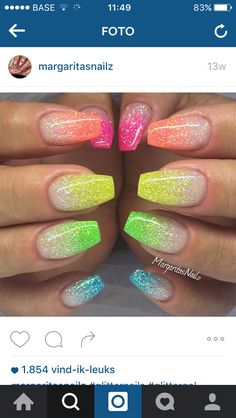 Neon glitter nails Colorful Nail, Nail Art Designs Summer, Glow Nails, French Acrylic Nails, Nail Art Ombre, Nail Swag, Summer Acrylic Nails, Dark Nails, Rainbow Nails