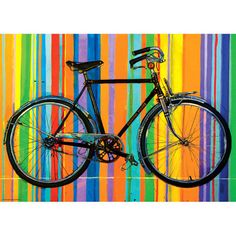 a black bicycle against a multicolored background