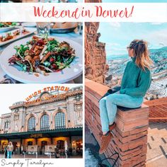 a woman sitting on top of a brick wall next to a building with the words weekend in denver