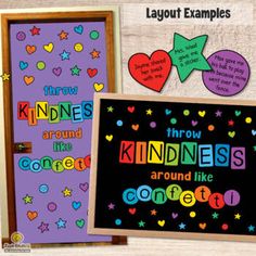 two posters with hearts and words on them, one has a door that says know kindness around like confetti