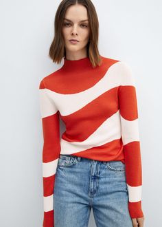 Perkins neck knitted sweater -  Women | Mango USA Lurex Sweater, Colorful Wardrobe, Oversized Wool Coat, Bright Winter, Red Fits, Knit Turtleneck Sweater, Women Sweater, Winter Tops, Knitting Women Sweater